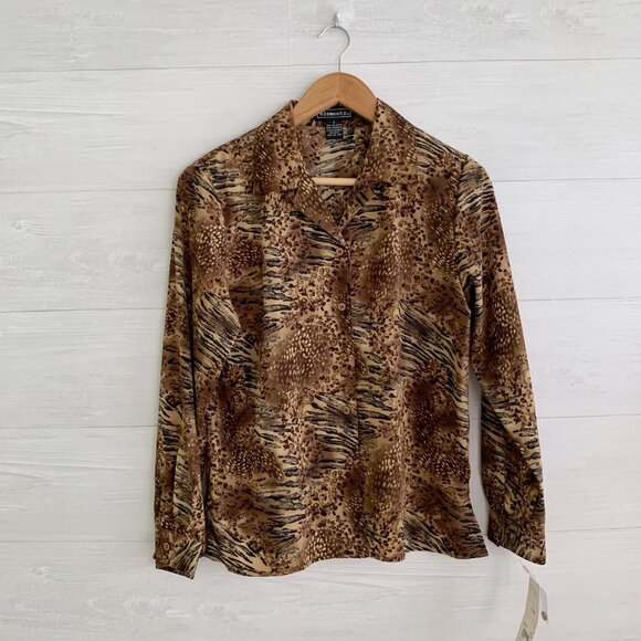 Vintage NWT Elements - Brown black abstract cheetah button up shirt, S - Picture 1 of 4